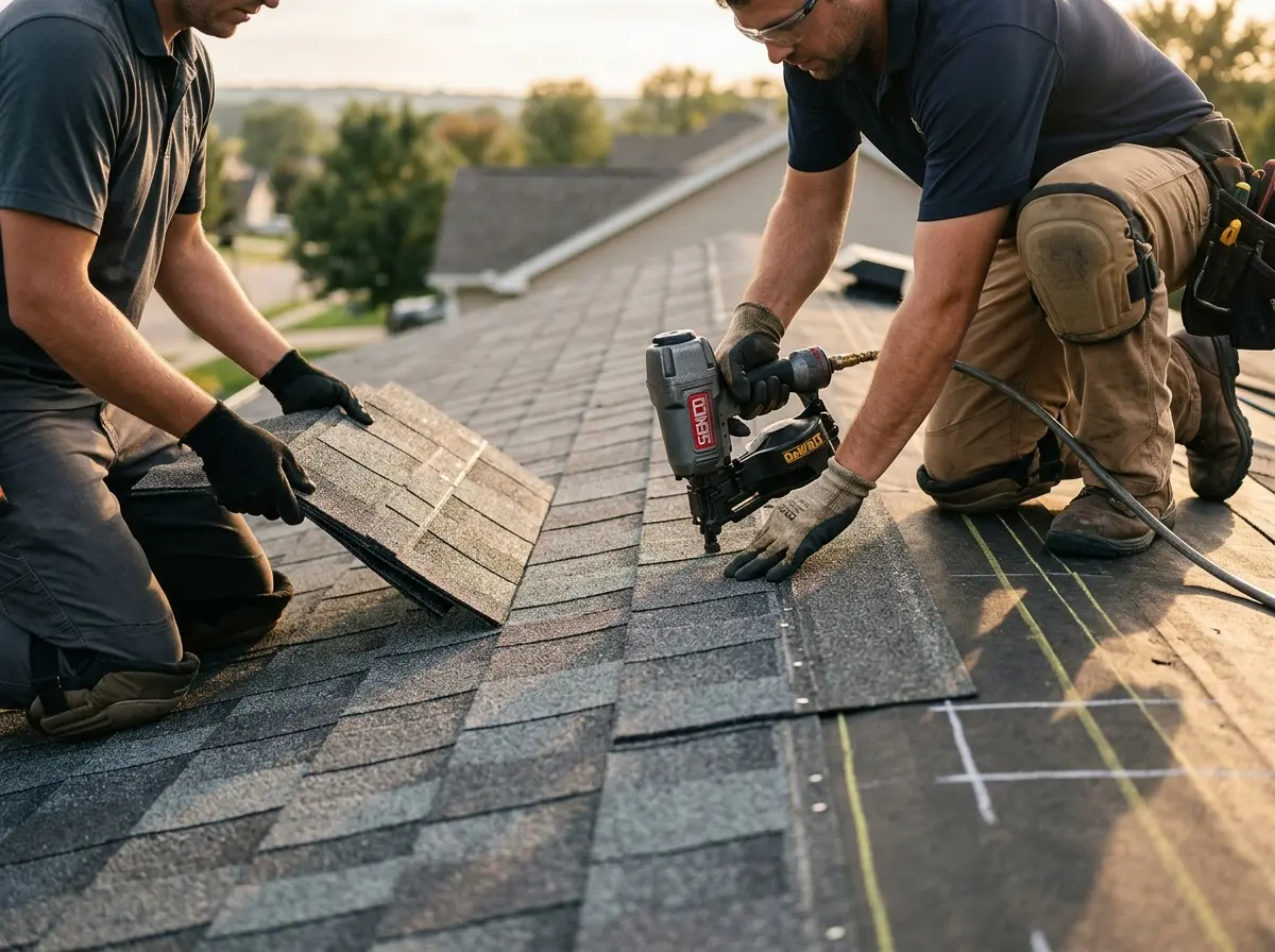 Professional roofer working on a residential roof in Murraysville